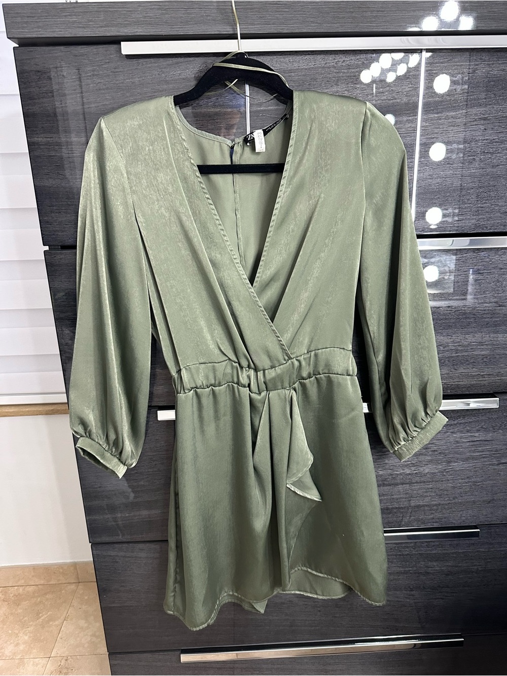 Zara Olive Green Satin Wrap Romper with Tie Waist
